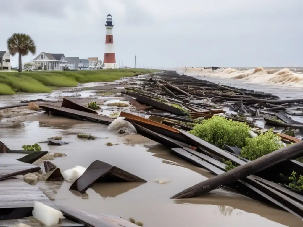 Seawall's parts submerged, symbols of strength amidst turmoil, lighthouse standing tall