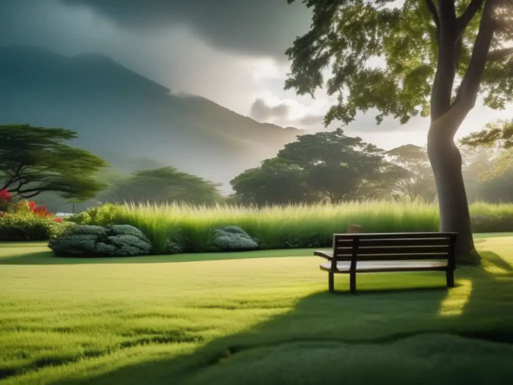 A peaceful garden during a hurricane, with swaying trees and lush greenery, protected by a soft white skinny fence