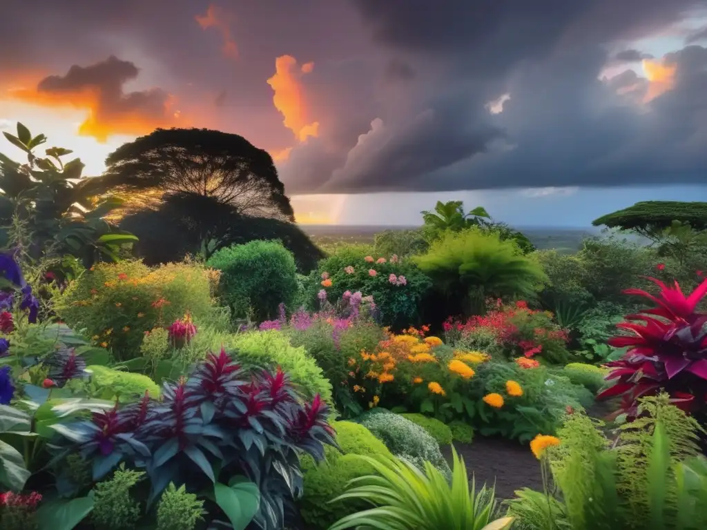 A tranquil oasis in a peaceful garden, surrounded by a vibrant sunset with dark clouds looming in the distance