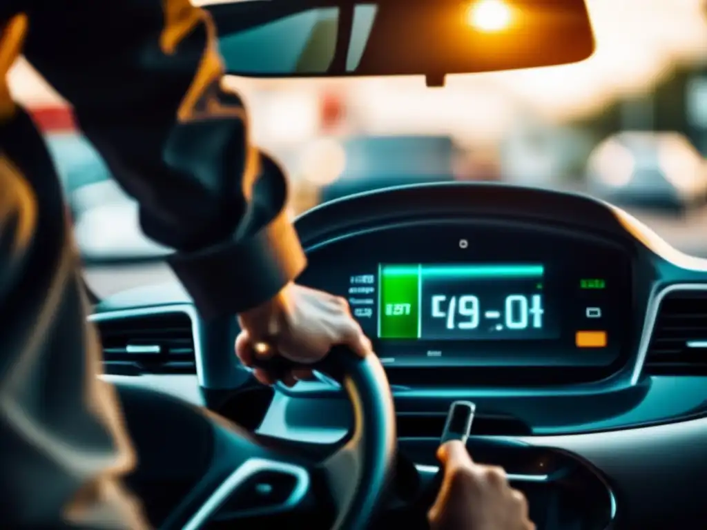 A tense person stands with a gas pump nozzle in hand, staring at a low fuel gauge on a car's dashboard