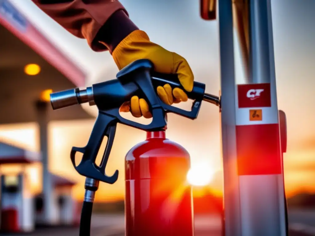 A protective person standing in front of a gas station pump during a hurricane, wearing gloves and goggles as a gas can sits in his hand, highlighting caution with the warm glow of the sun and hurricane in the background