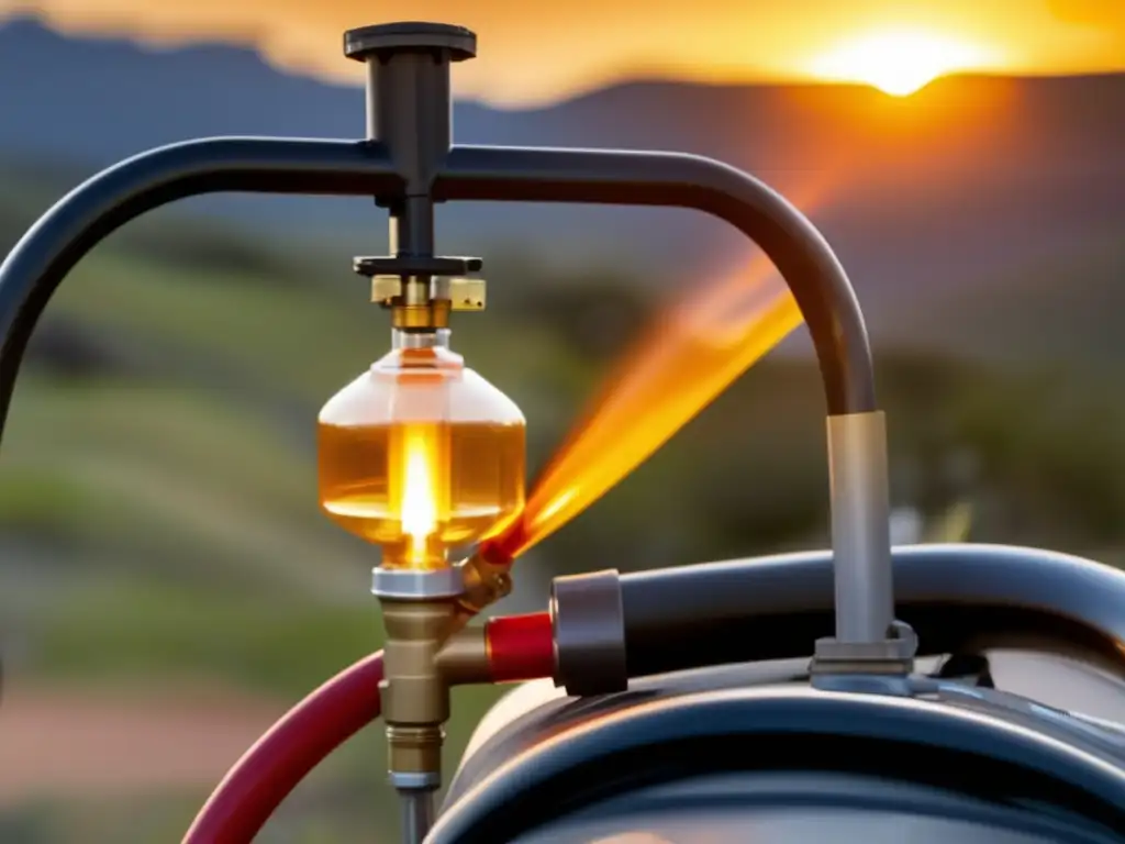 A gasoline siphon pump with a large hose, bathed in the golden light of a setting sun