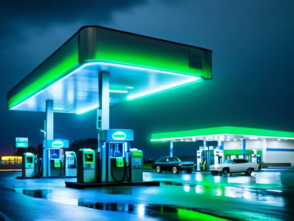 A dramatic image of a lit-up gas station, with contrasting blue and green lights, during a hurricane