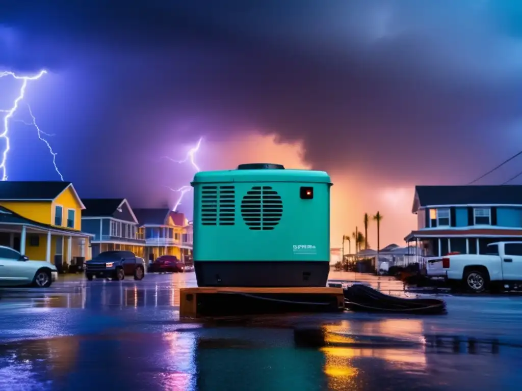 A powerful hurricane hits a coastal town, with a generator in the center providing power for evacuation procedures