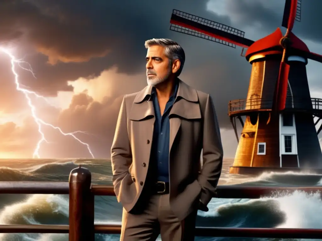 In a perilous storm, George Clooney portraits Steven, feared for his life on a windmill deck with waves crashing and lightning illuminating the sky