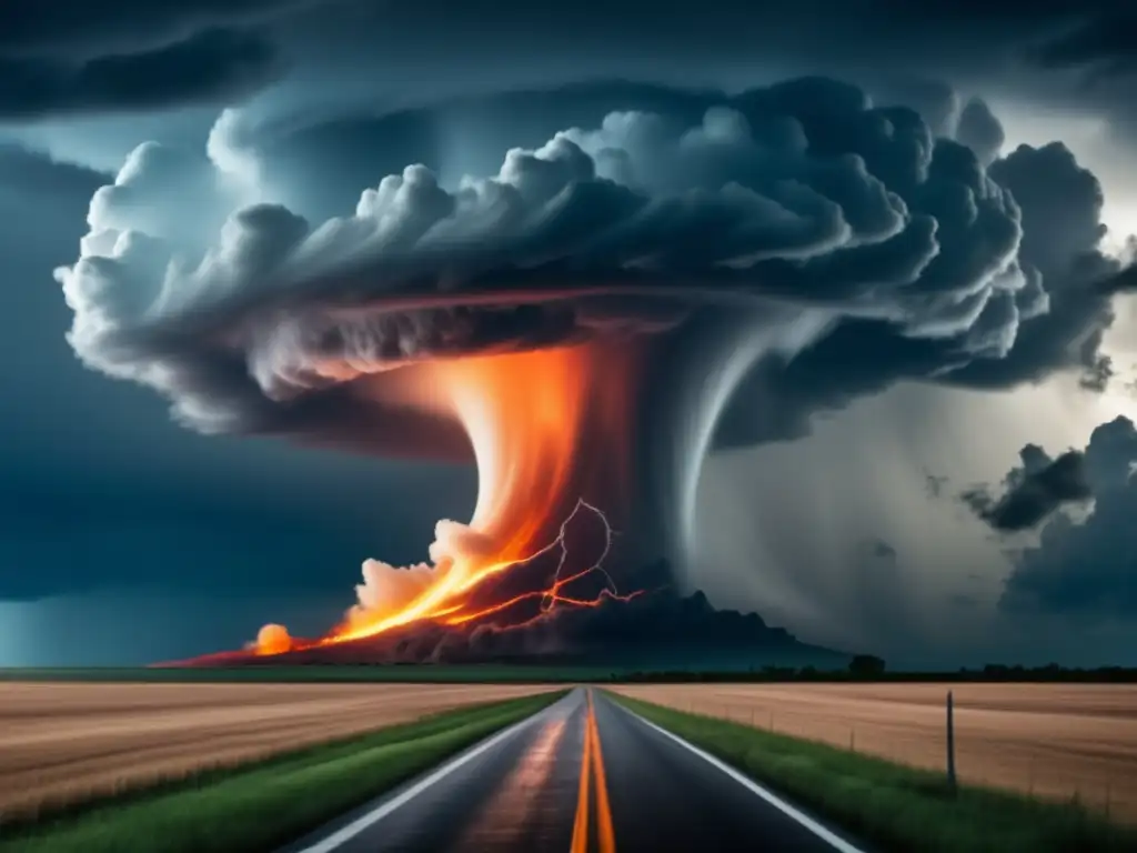 A gigantic, fiery tornado wreaks havoc on a small town below, as dark and frosty clouds loom ominously above