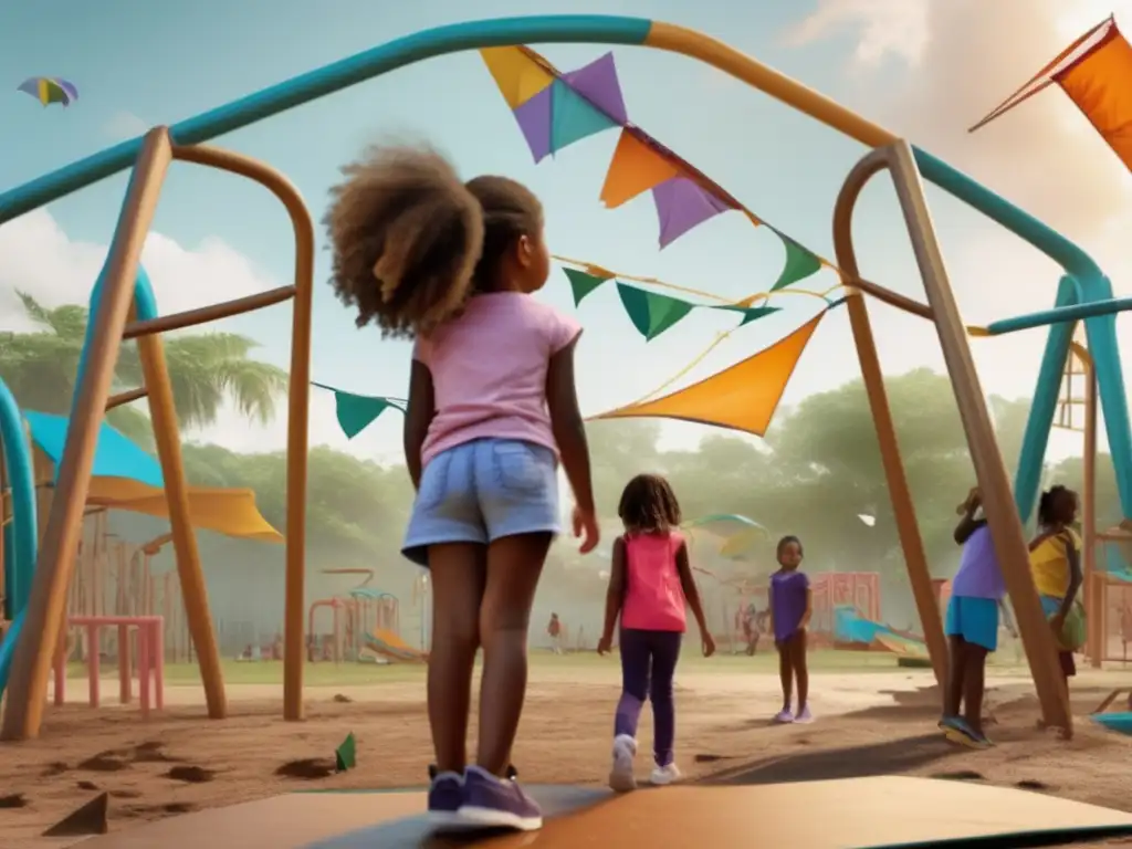 A young girl stands in the center of a damaged playground, watching debris fly through the air