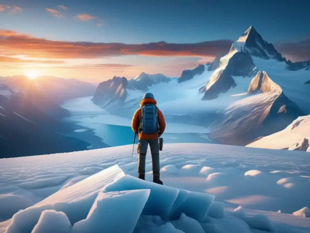 A lone survivalist, perched atop a barren glacier, gazes out at the eerie beauty below as the sun sets behind a distant mountain range