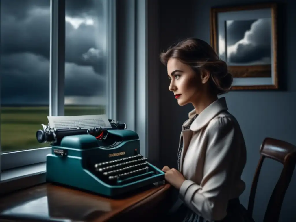 Gloria Stoyanova, an author's, heart stirs as she writes, with storm clouds brewing behind and a tumultuous past reflected in the window