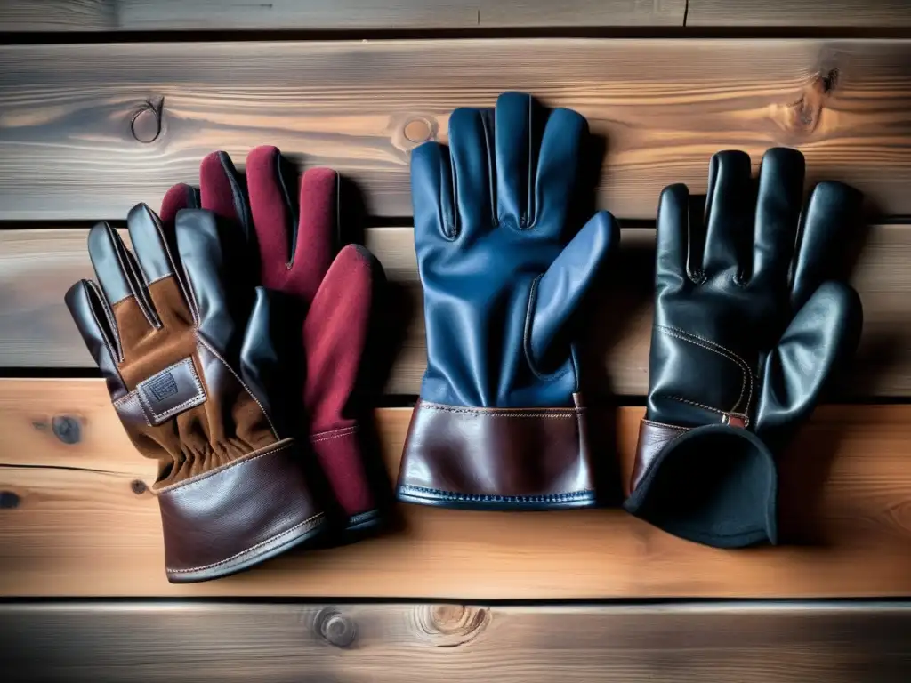 A close-up of heavy-duty gloves spread out on a weathered wooden table, showcasing various styles and colors, including black, brown, red, and blue