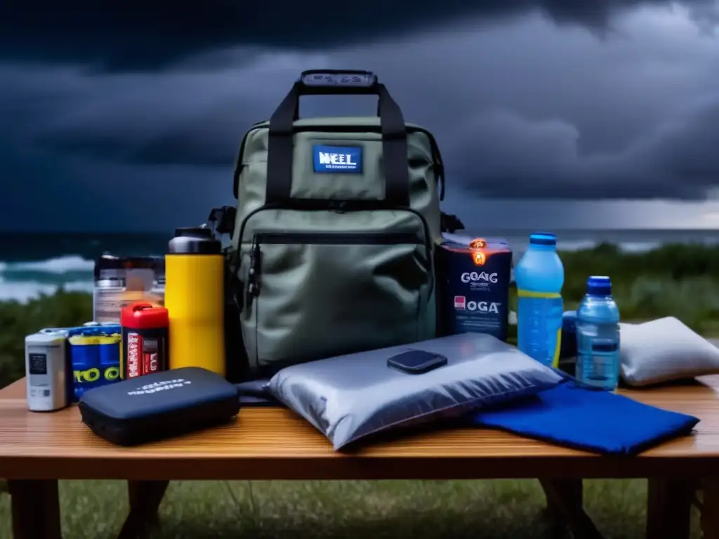 Prepare for any storm with this well-equipped go-bag - packed with essentials such as water, food, flashlights, batteries, and a cozy blanket