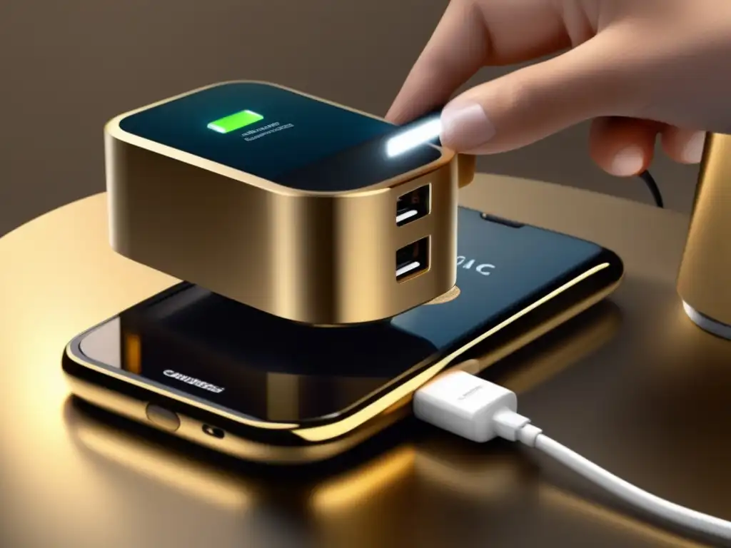 An image of a gold finish hand crank cell phone charger with a clear, streamlined design