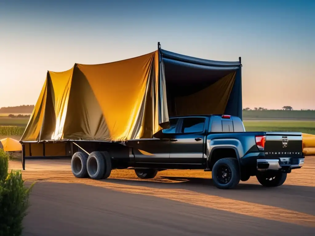 A stunning cinematic-style image depicts various heavy-duty tarpaulin covers parked atop a shipping container, bathed in golden hour sunlight