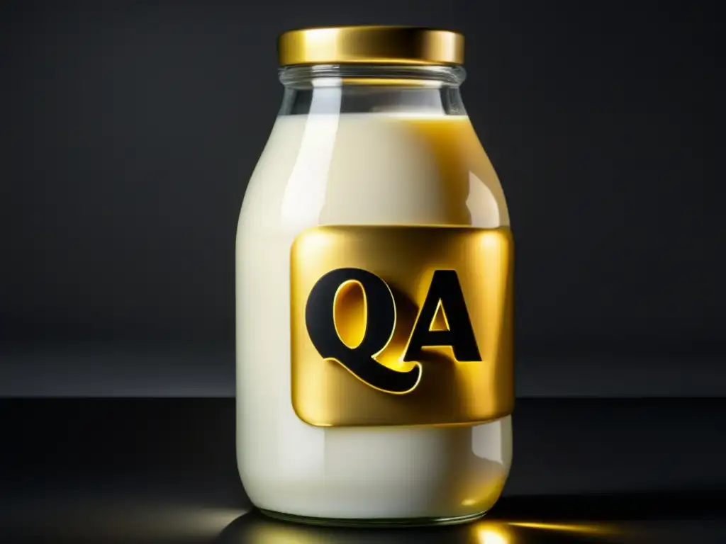 A captivating image of gold-accented 'Q&A' symbol against a dark background, with a close-up of a bottle of ShelfStable Milk, labeled with its keyword