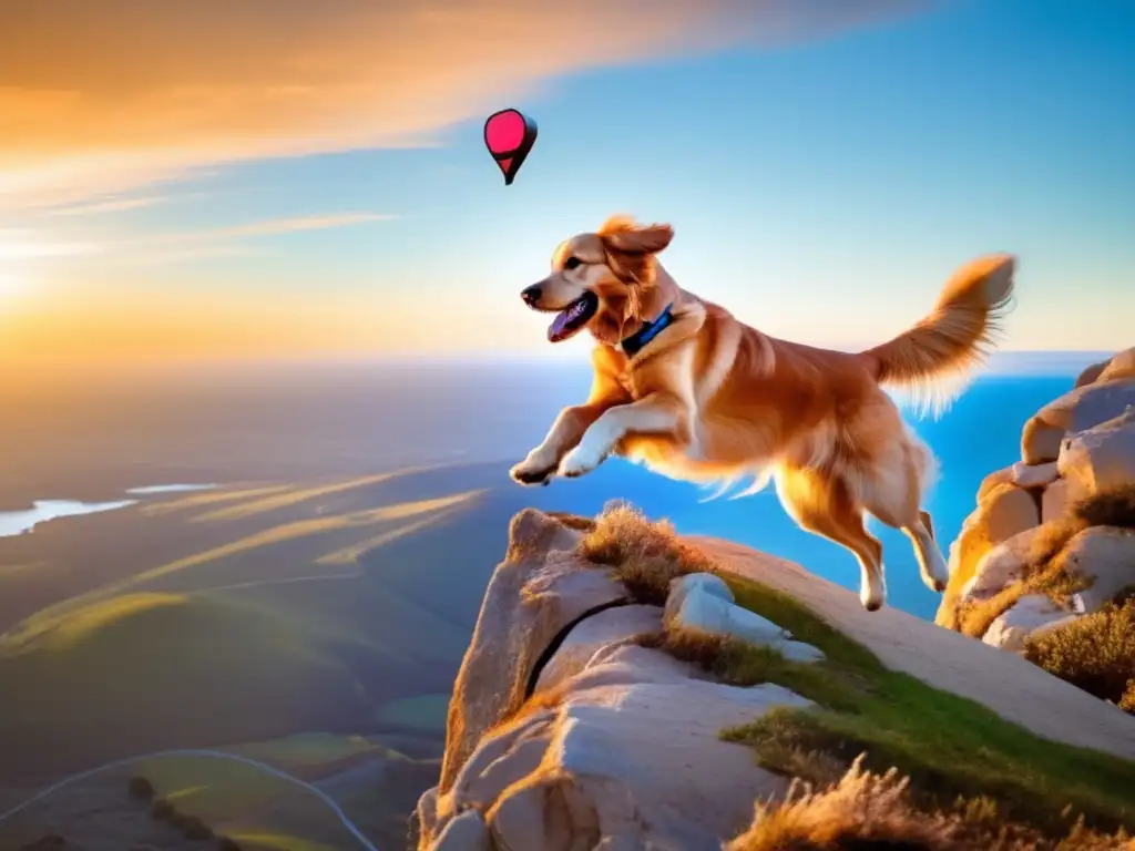 A golden retriever daringly leaps off a cliff, soaring through the blue sky and tracing its journey with a GPS tracker on its collar