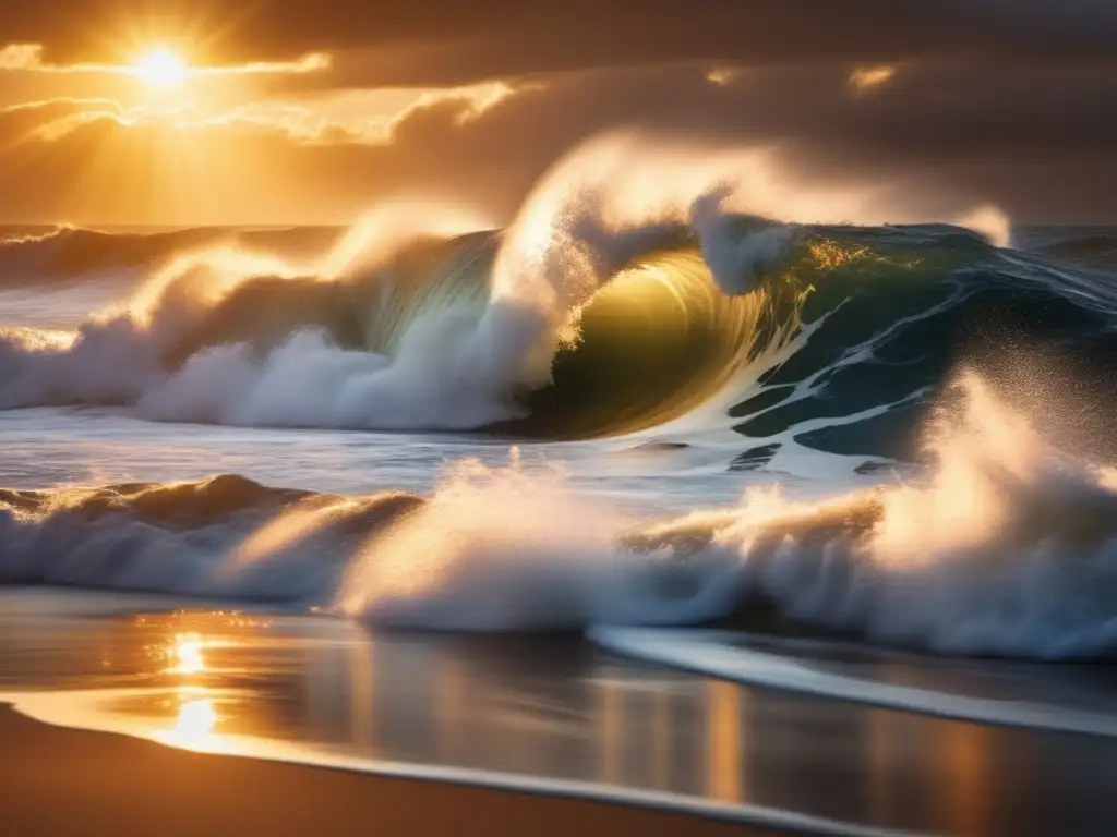 Golden sunlight drifts through the clouds, contrasting the striking blue waves in a dramatic closeup of a crashing wave over the shore