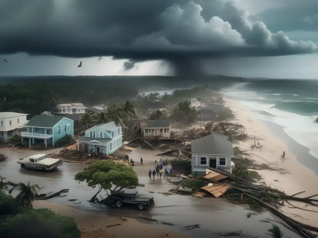 Devastating hurricane ravages small coastal town, leaving ruined buildings, uprooted trees, and aimless people in its wake