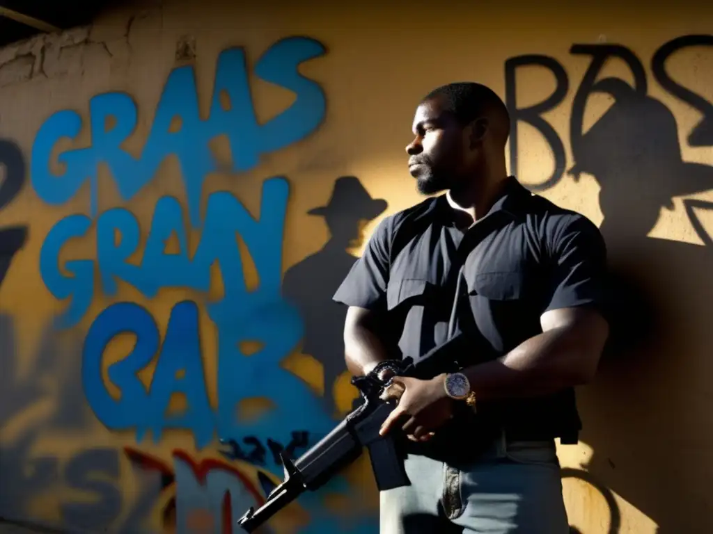 A gritty image captures a handcuffed man standing alone against a backdrop of violent graffiti, emphasizing the sense of danger and chaos in New Orleans after the Great New Orleans Gun Grab (2006)