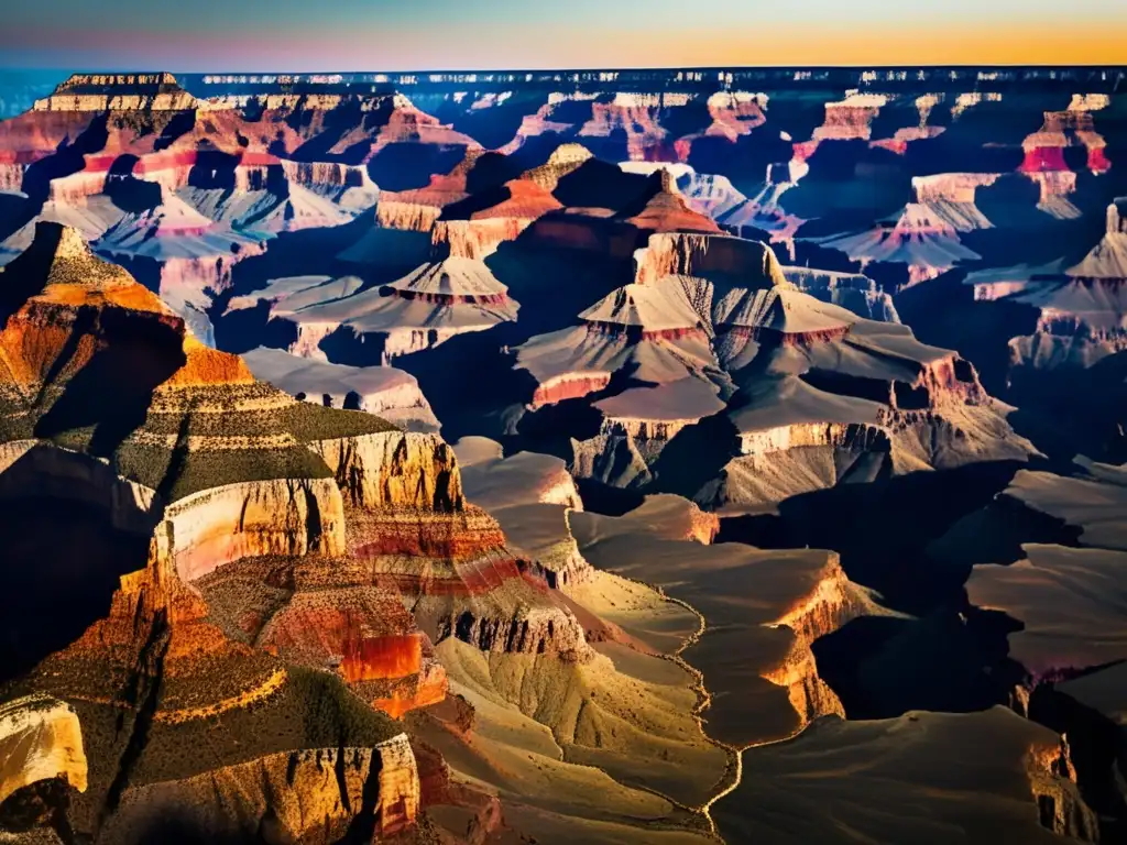 An awe-inspiring vista of the Grand Canyon at sunset, with a warm glow illuminating the rocks below, stretching out into the horizon