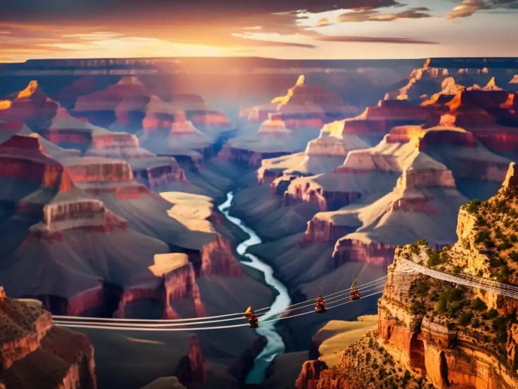 Bungee cords swing in the foreground, capturing the essence of adventure as the sun sets over the Grand Canyon in its breathtaking aerial view