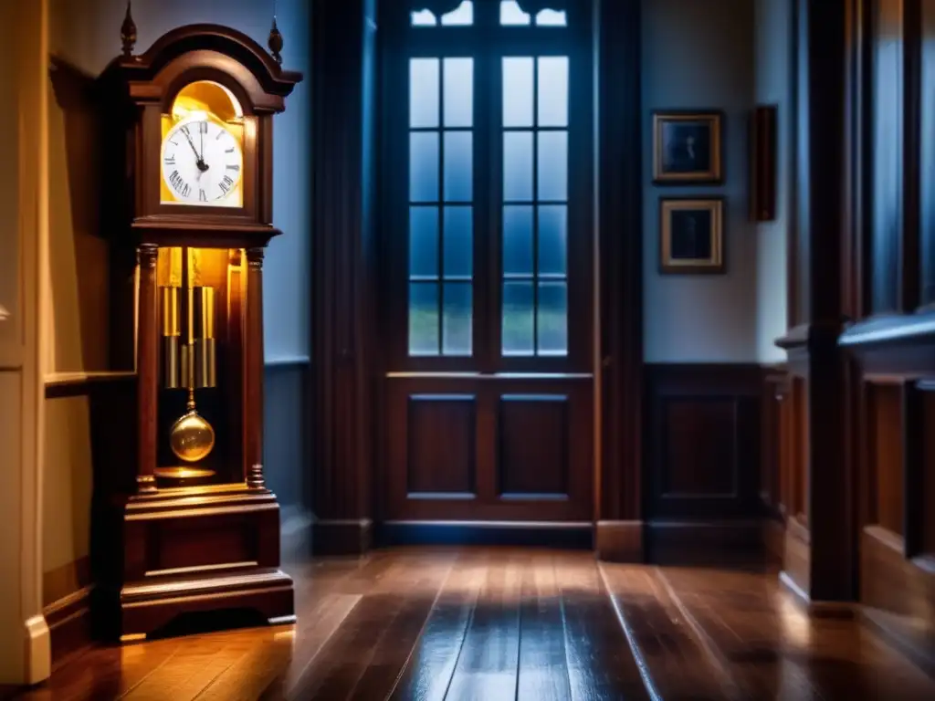 Old, wooden grandfather clock keeps time amidst stormy weather in dimly lit hallway, symbolizing life's challenges