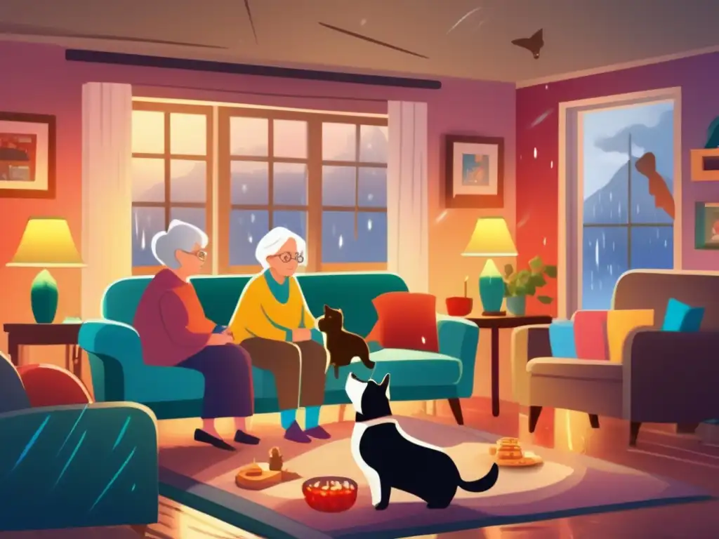 See the warm and safe haven of a grandmother surrounded by her loved ones and pets, snuggled up in a cozy living room