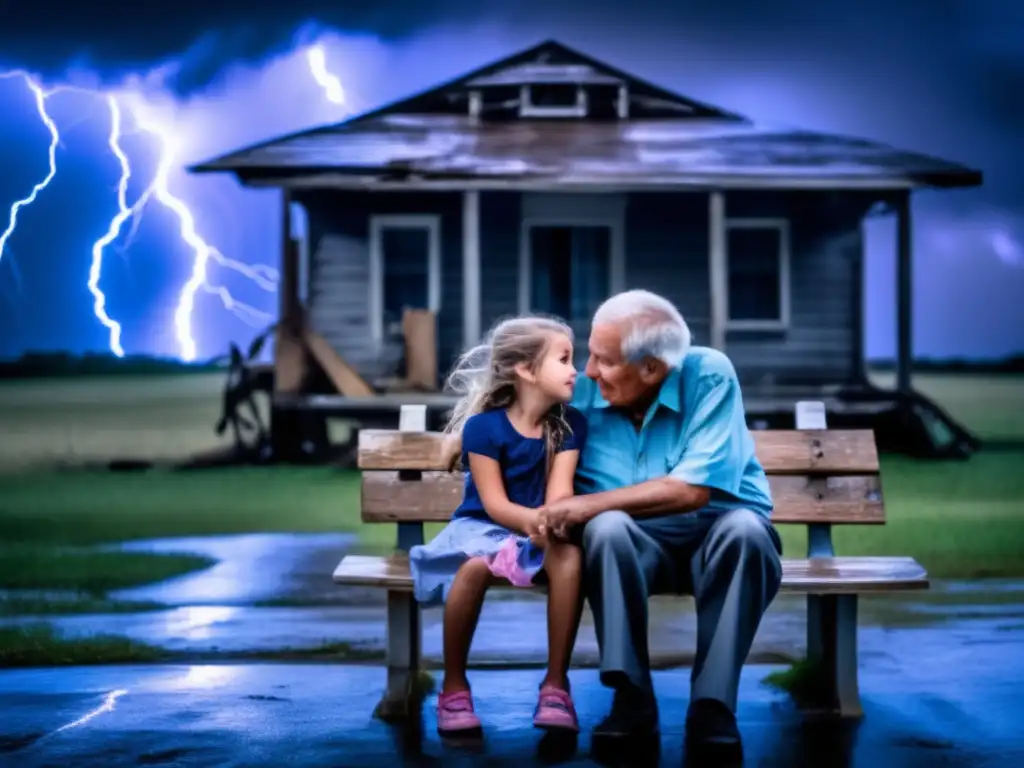 An emotional image of a weathered grandfather and granddaughter huddled together on a bench in front of a weathered home during a hurricane, holding hands and listening to an emergency radio with tears in their eyes