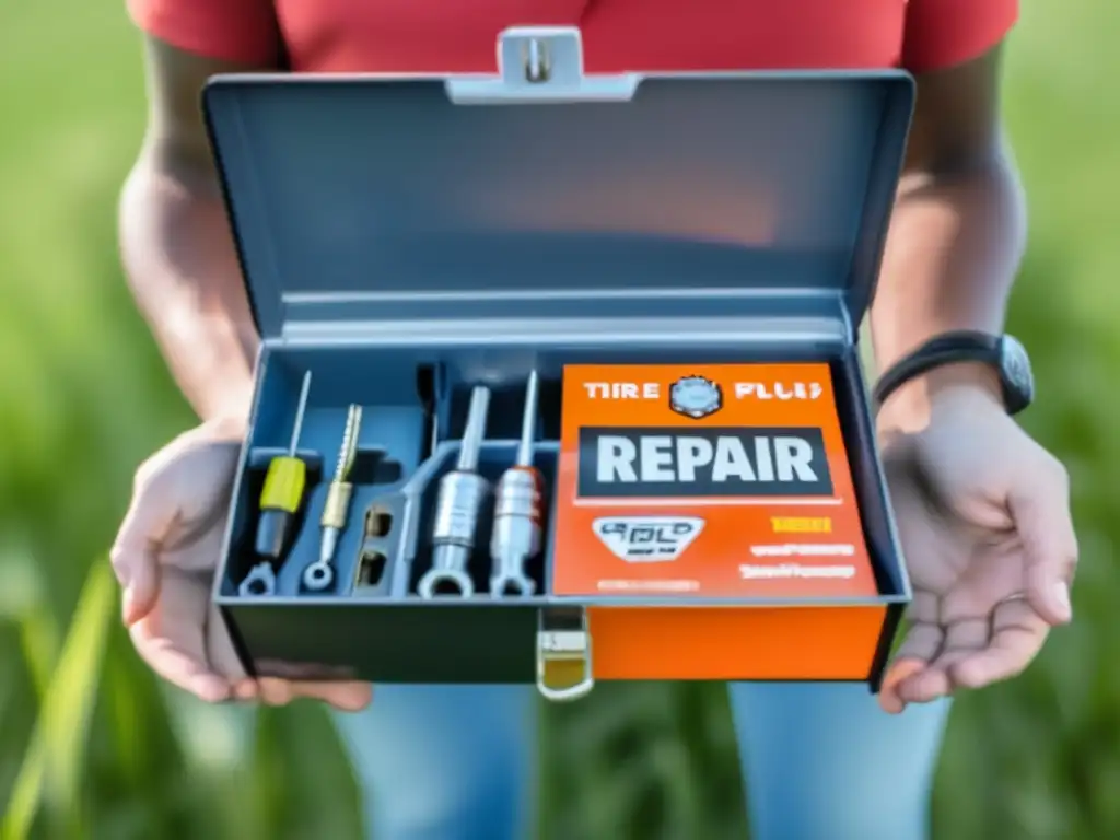 A serene and sunny meadow, captured in a heartwarming closeup of a hand holding a trusty tire repair kit box