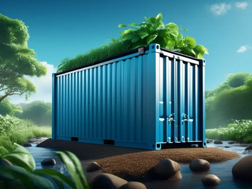 A stunning image of a sustainable water storage container, amidst lush greenery and a clear blue sky, with gentle droplets trickling from the roof into a nearby stream, embodying versatility and conservation