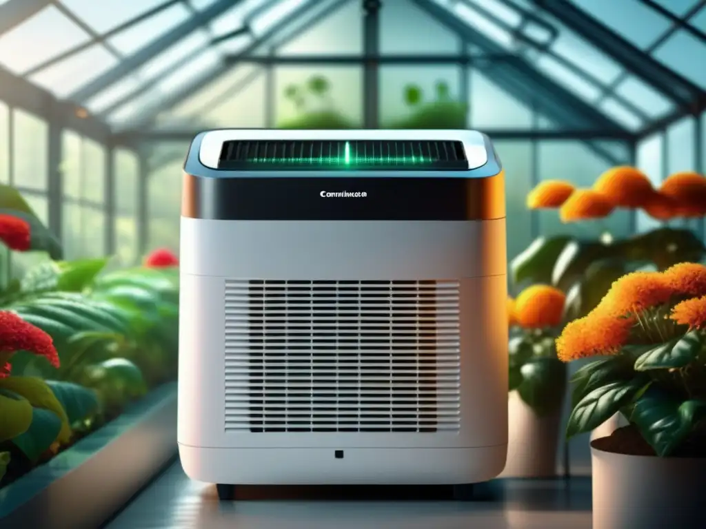 A stylish dehumidifier purifies the air in a verdant greenhouse, preserving plant health and preventing mold growth