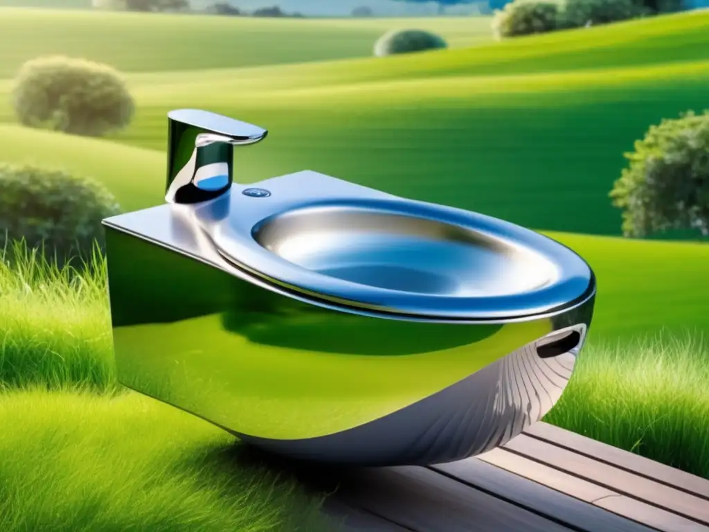 A serene lush green landscape with a clear blue sky and a floating toilet bowl in the foreground