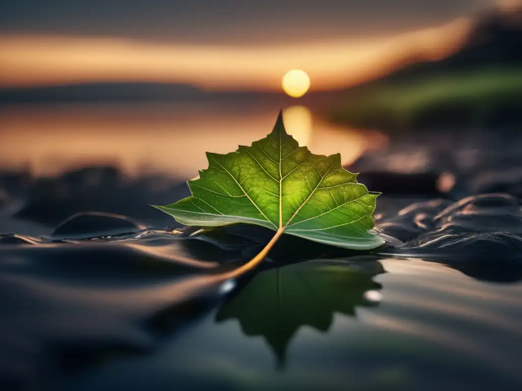 A lone green leaf rises above the polluted landscape as the sun sinks in a desolate sky, symbolizing nature's resilience in the face of adversity