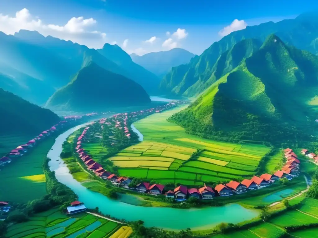 A breathtaking aerial view of a peaceful, eco-friendly village in a lush green valley, surrounded by majestic mountains and a meandering river