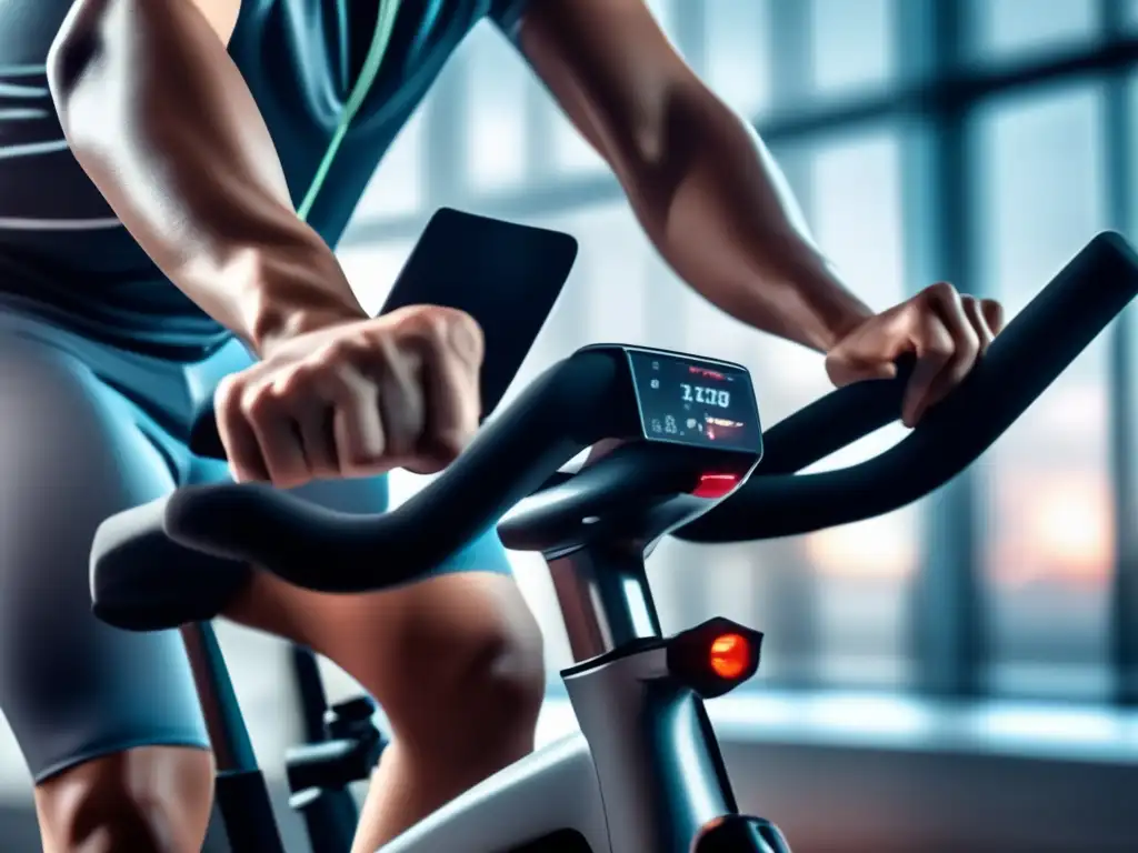 A person who craves the energy of the outdoor world even in the grey weather, pedals furiously on a stationary bike for indoor cardio exercise