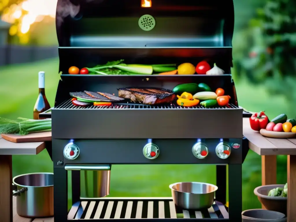 A dark, rich image of a charcoal grill set up in a colorful backyard kitchen, surrounded by aromatic vegetables being grilled to perfection