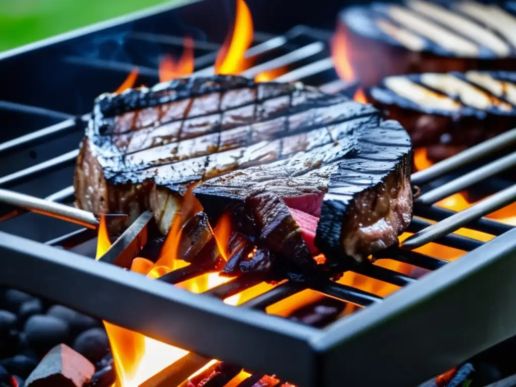 A captivating image of a couple grilling steaks on a heavily charred grill, set in the midst of a disarray outdoor setting post a hurricane power outage