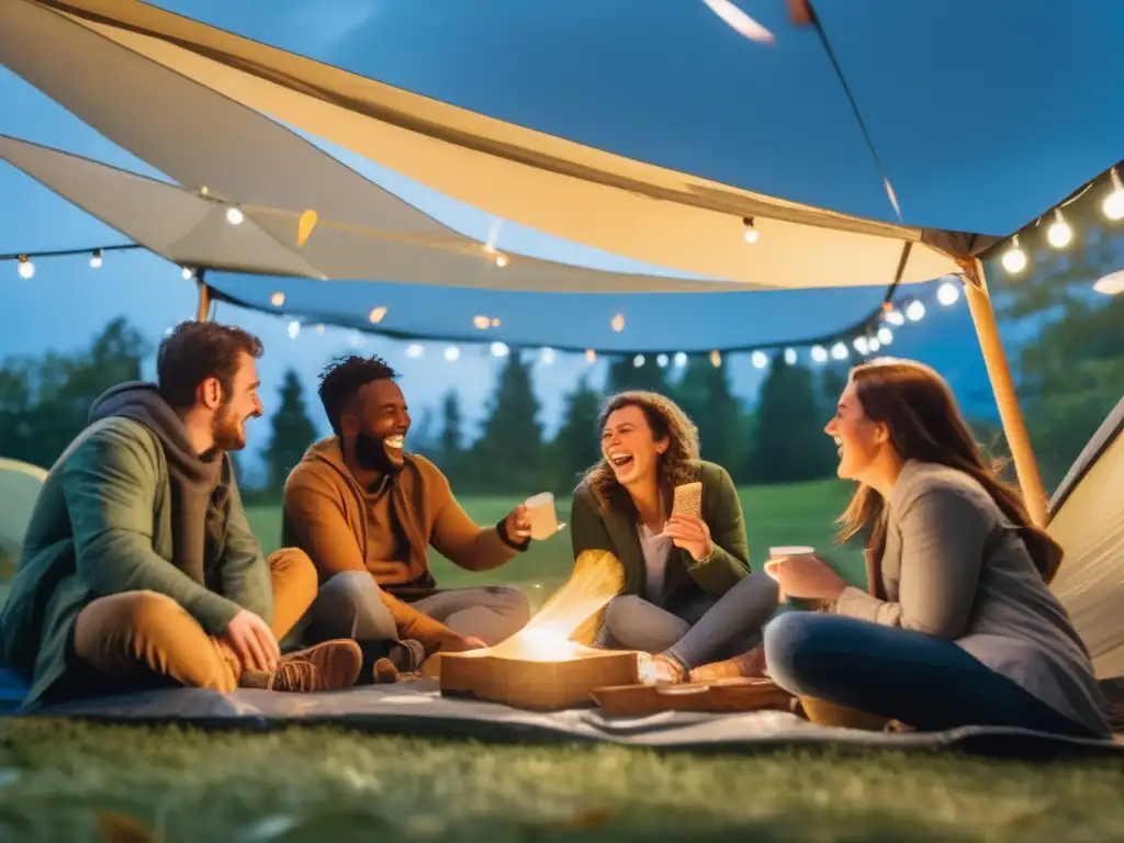 A group of people gather under a large openair tarp, playing board games and laughing as the sound of raindrops patter on the canvas roof