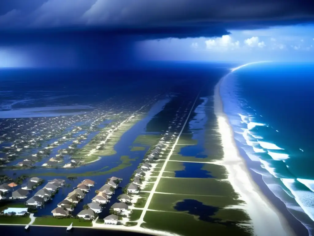 A somber aerial view of Hurricane Ike's devastation in 2009, with the Gulf of Mexico and shoreline clearly visible in the background