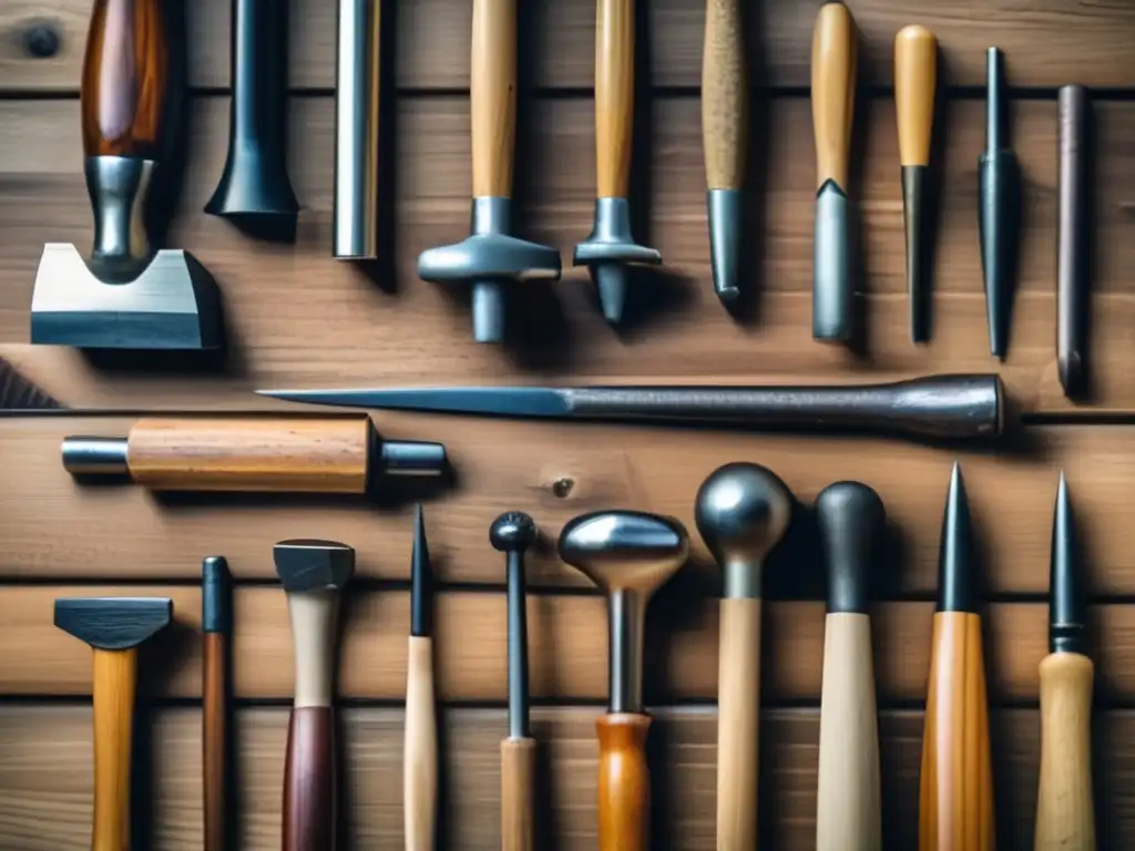 A stunning cinematic-style image of a variety of hammer and nail types, arranged beautifully on a wooden table