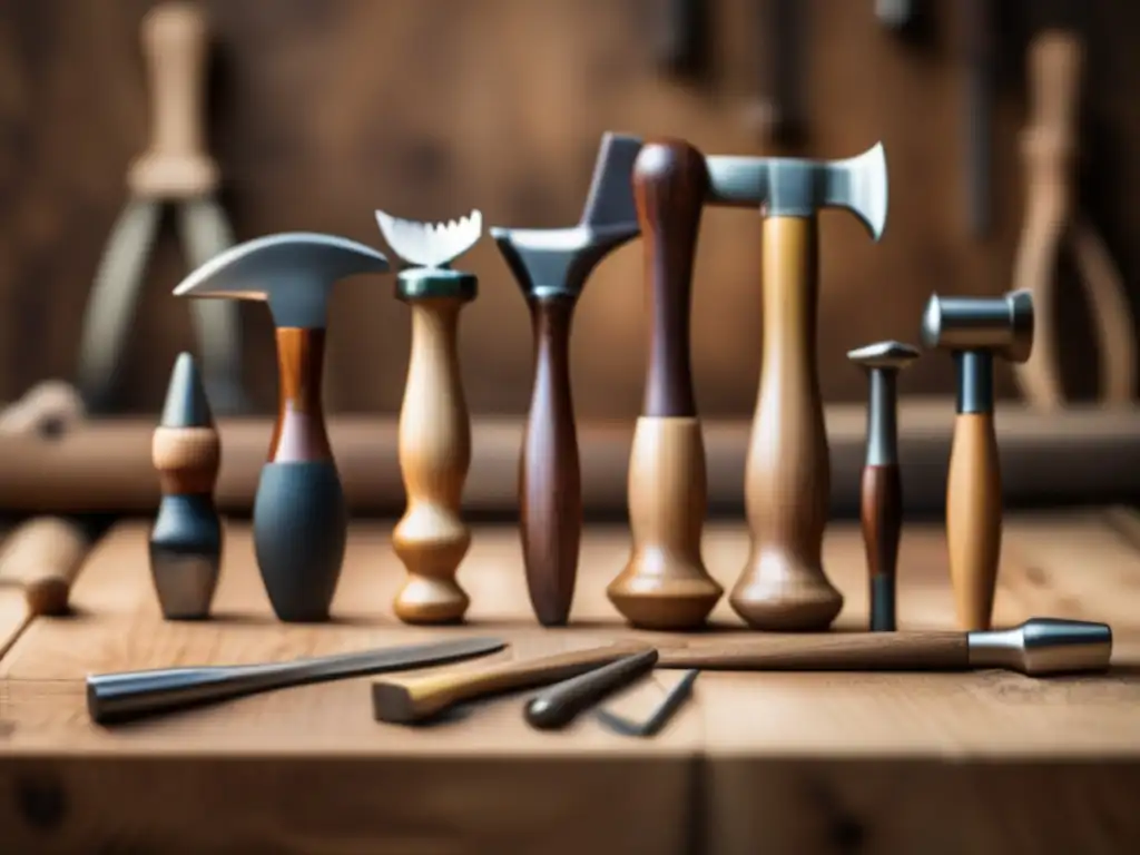 Capture the essence of creativity: a stunning photo of five unique hammer and nail sets - arranged on a wooden workbench