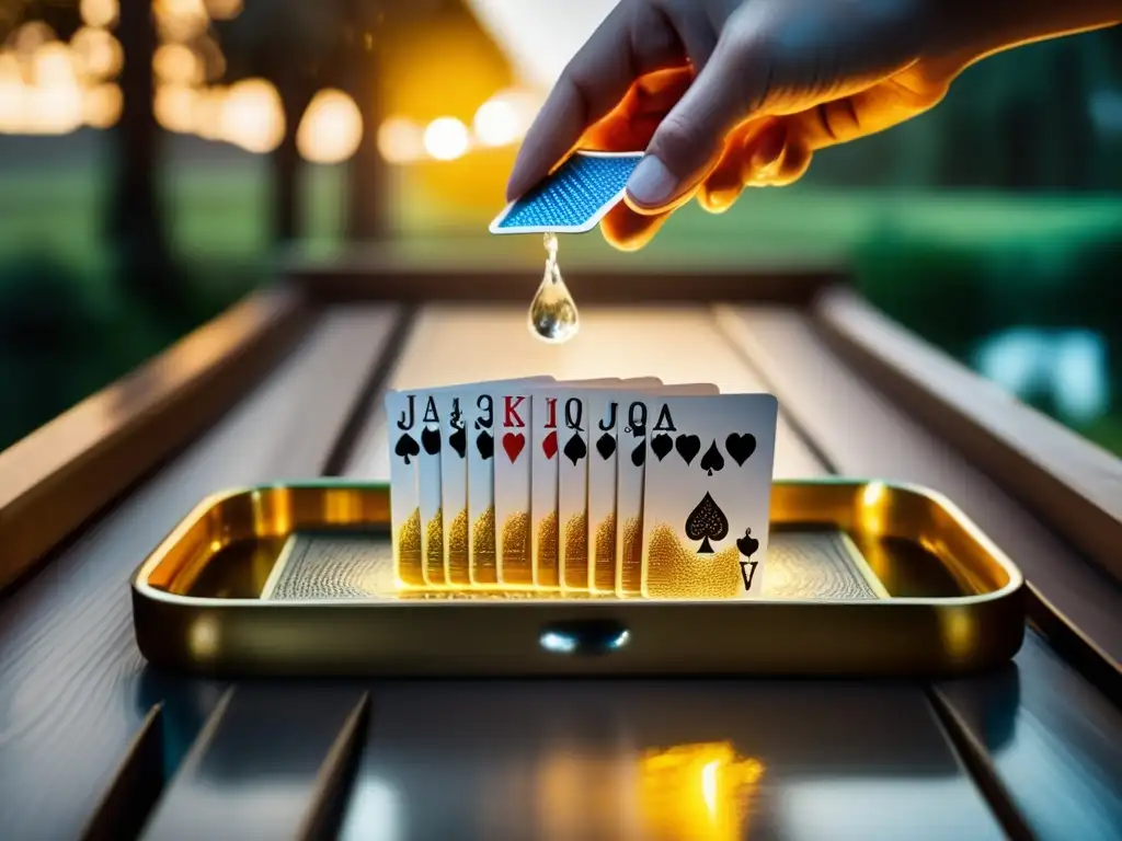 A hand pours water into a tray while a deck of gold-embossed waterproof playing cards wobbles gently in the misty breeze