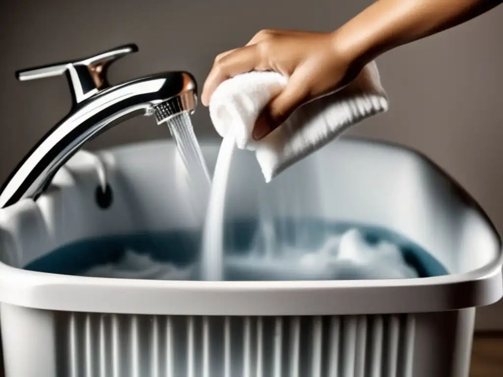 A closeup of a handpowered laundry washer, with water, soap, and agitator, as a person pours water into the top and turns the handle, spinning the tub and agitator to clean dirty clothes, with towels and blankets visible in the background