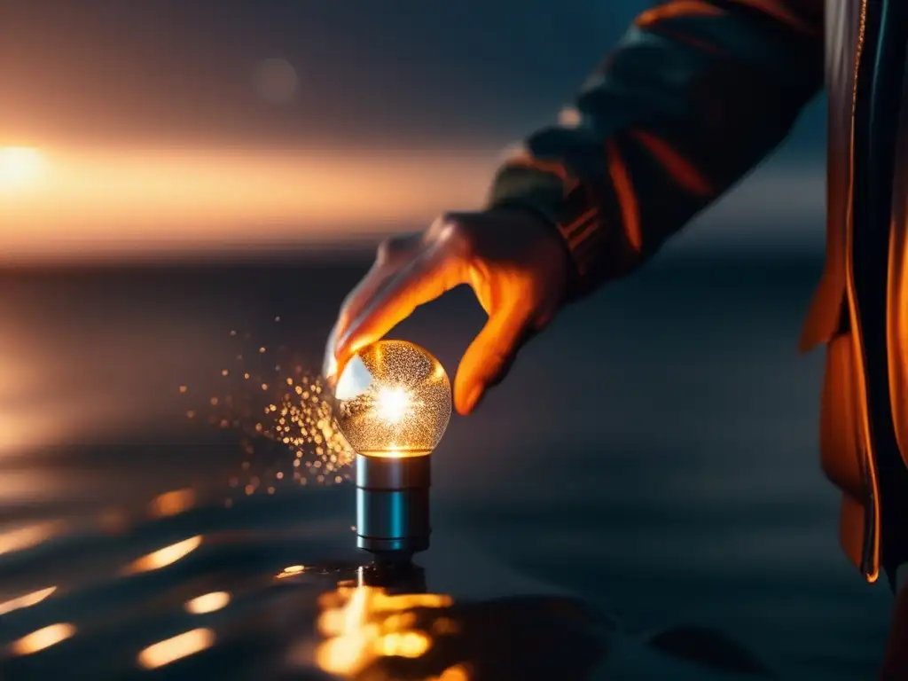 A luminescent handheld flare casts an otherworldly glow on a dark, ominous oceanscape in this mesmeric image