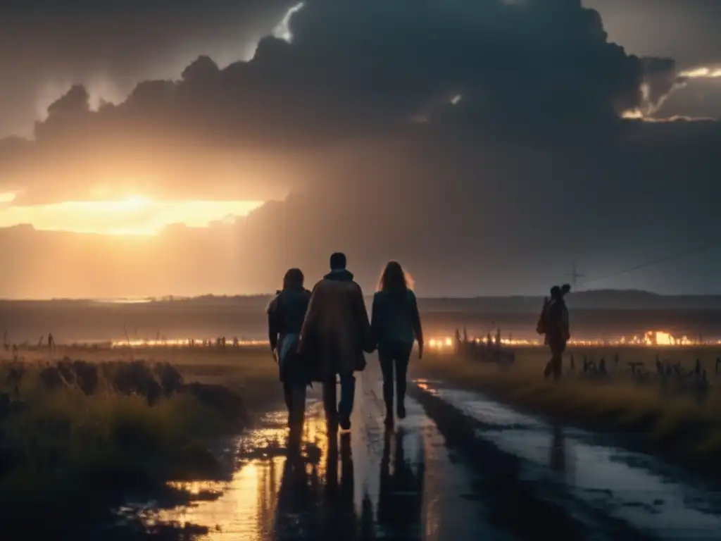 A group of people holding hands, walking through a stormy landscape, with a sun setting behind them