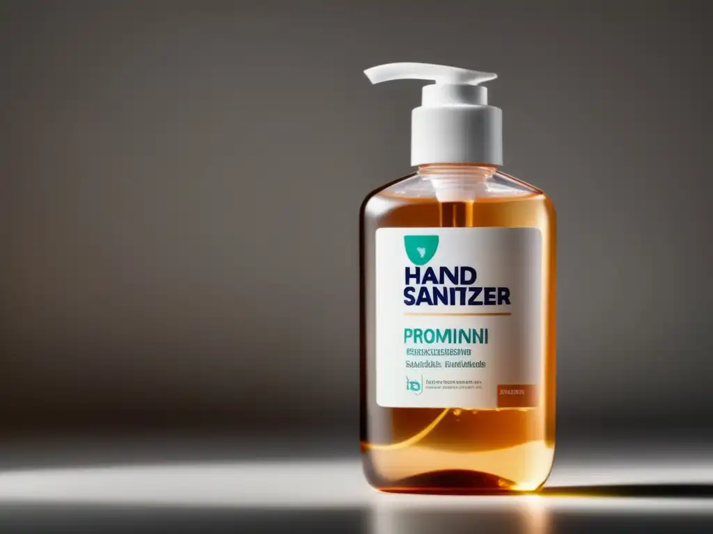 Ethereal and clean atmosphere captures a closeup shot of a hand sanitizer bottle, its label prominently displayed with brand, formula, and ingredients