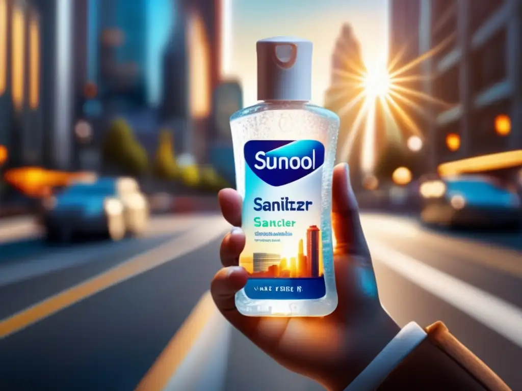 Hand sanitizer hero boldly standing guard on busy city street during pandemic, receiving a warm embrace from bright sunlight above