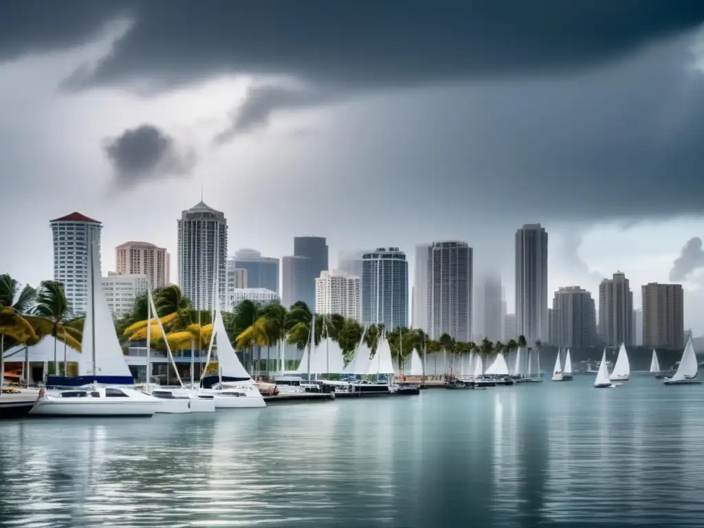 Hurricane Sandy brews in the distance, as people watch from their window with anxiety etched on their faces, in a populous harbor city with swaying palm trees and sailboats lining the water, before a backdrop of a rebuilding skyline and clear waters on the horizon