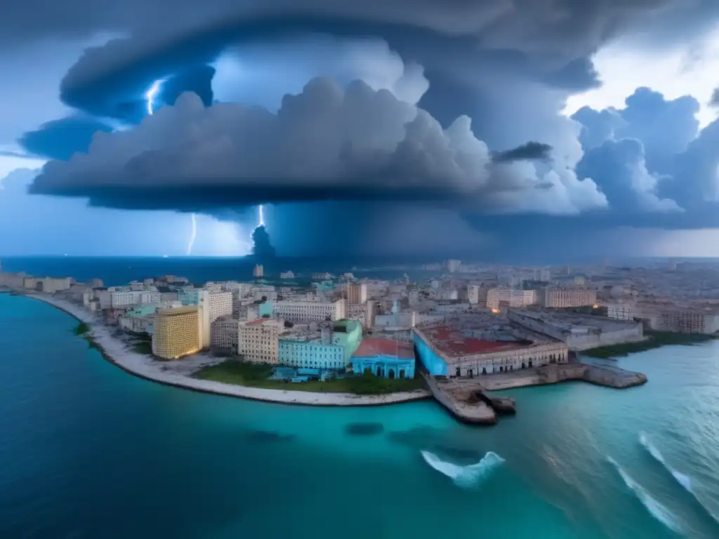 An aerial shot of Havana, Cuba, shows the sprawling city and iconic landmarks, with a storm brewing in the background