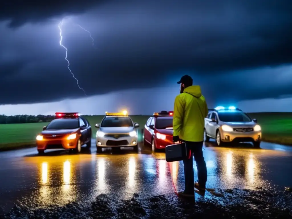 A dramatic image of a person standing in front of a line of cars with hazard lights on, during a stormy hurricane