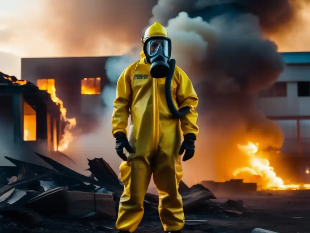 Disaster strikes: A person in a hazmat suit stands in front of a destroyed building amidst smoke and flames, with distant cityscape in the background